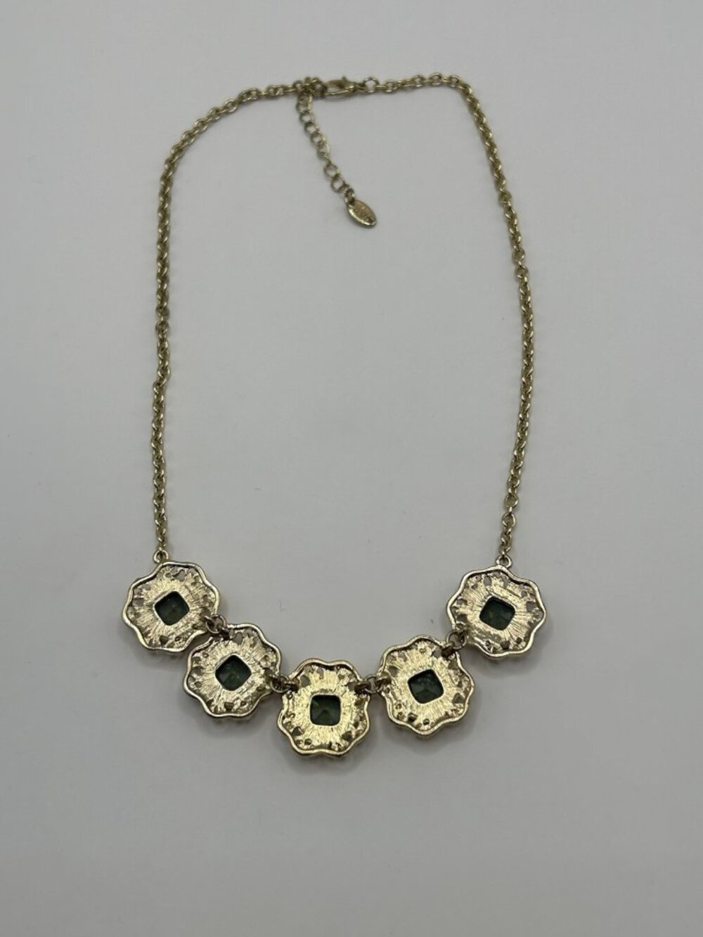 Marlyn Schiff Gold Tone Necklace Green Charcoal Rhinestones Statement Jewelry - Picture 8 of 16